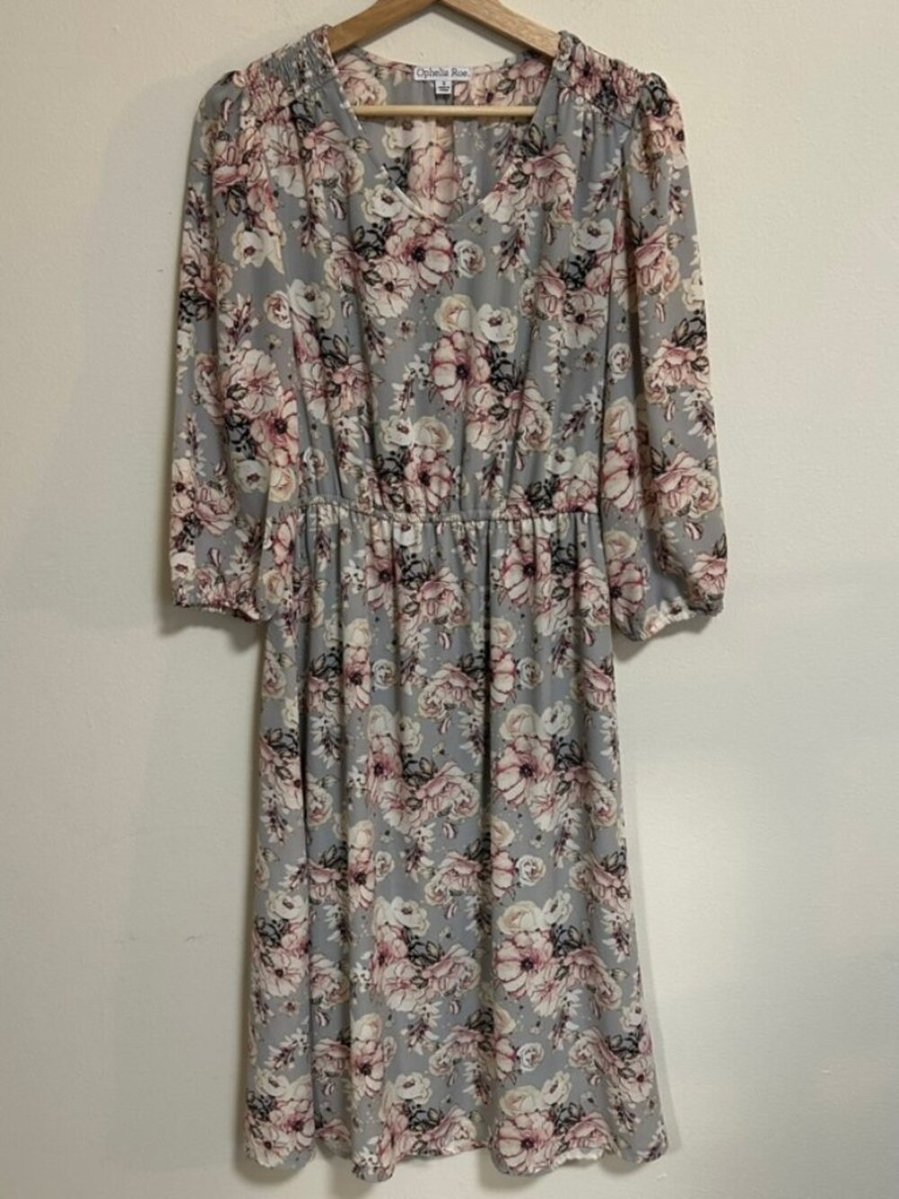 Ophelia Roe 3/4 Sleeve Ruched Floral Cottagecore Coquette Dress EUC Sz S